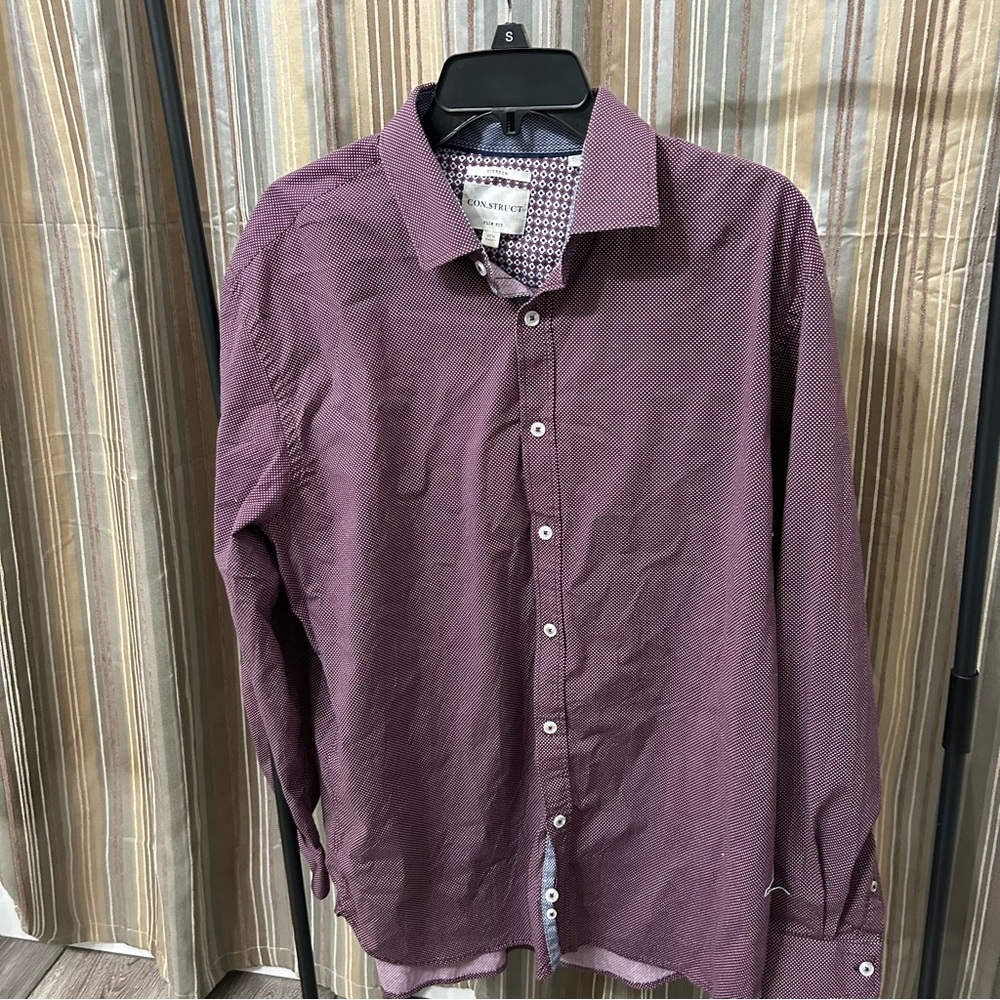 Construct Men's Burgundy-Plum Button-Down Shirt with Pattern Sz 17.5 Slim fit